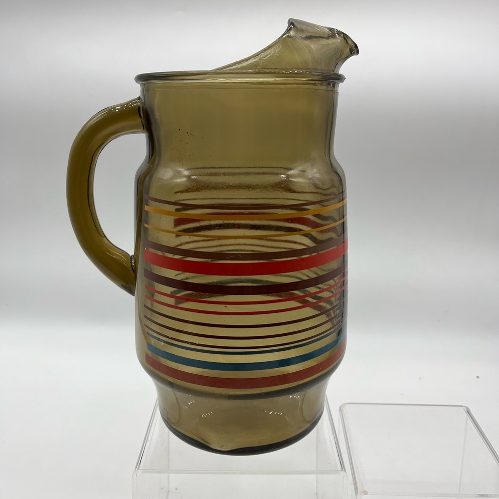 1970s Smoke Brown 80oz Glass Striped Pitcher with Ice Lip